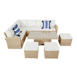 Pelias Rattan Garden Corner 8 Seater Outdoor Sofa Dining Set with Rising Table - Natural/Brown