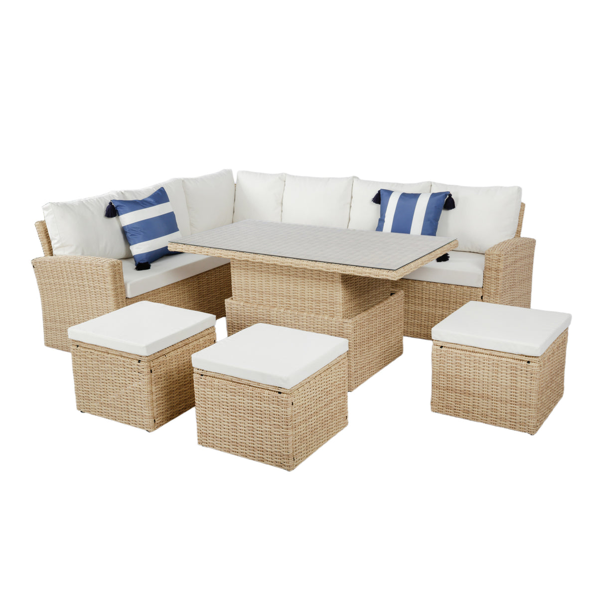 Pelias Rattan Garden Corner 8 Seater Outdoor Sofa Dining Set with Rising Table - Natural/Brown