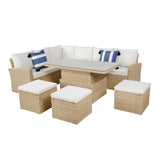 Pelias Rattan Garden Corner 8 Seater Outdoor Sofa Dining Set with Rising Table - Natural/Brown