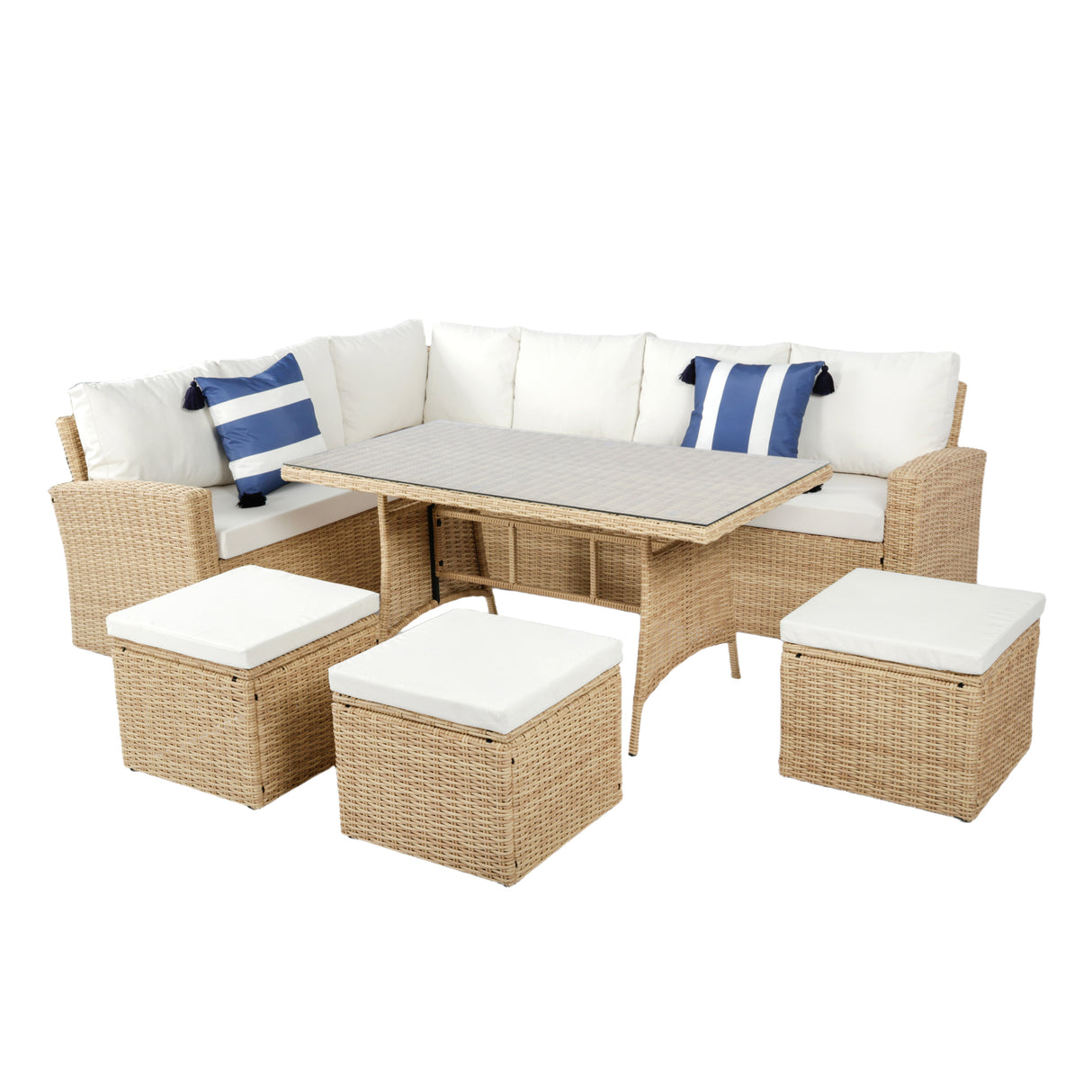Pelias Rattan Garden Corner 8 Seater Outdoor Sofa Dining Set - Natural/Brown