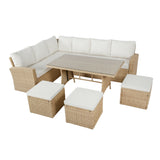 Pelias Rattan Garden Corner 8 Seater Outdoor Sofa Dining Set - Natural/Brown