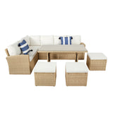 Pelias Rattan Garden Corner 8 Seater Outdoor Sofa Dining Set - Natural/Brown