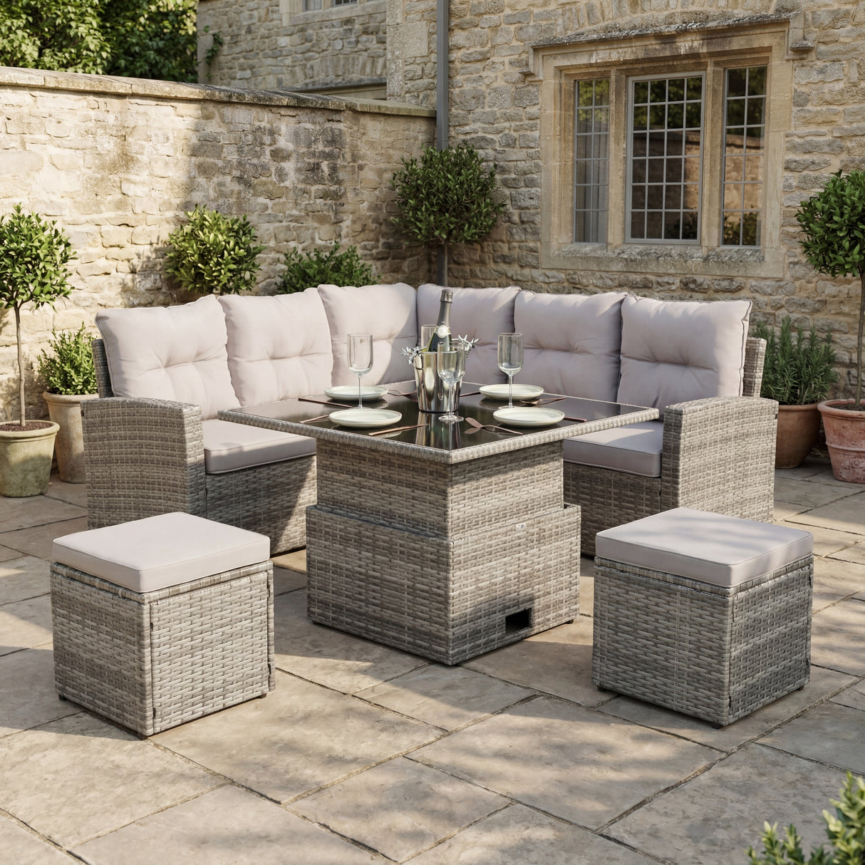 St. Tropez - Garden Corner Sofa with Rising Table - Grey Rattan - 6 Seats