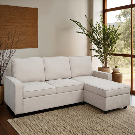 Beige sofa with a separate left chaise ottoman in a bright living room