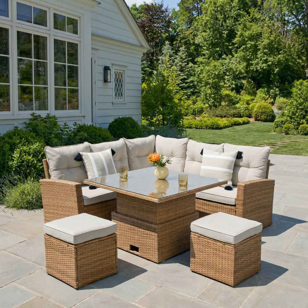 St. Tropez - Garden Corner Sofa with Rising Table - Brown/Natural - 6 Seats