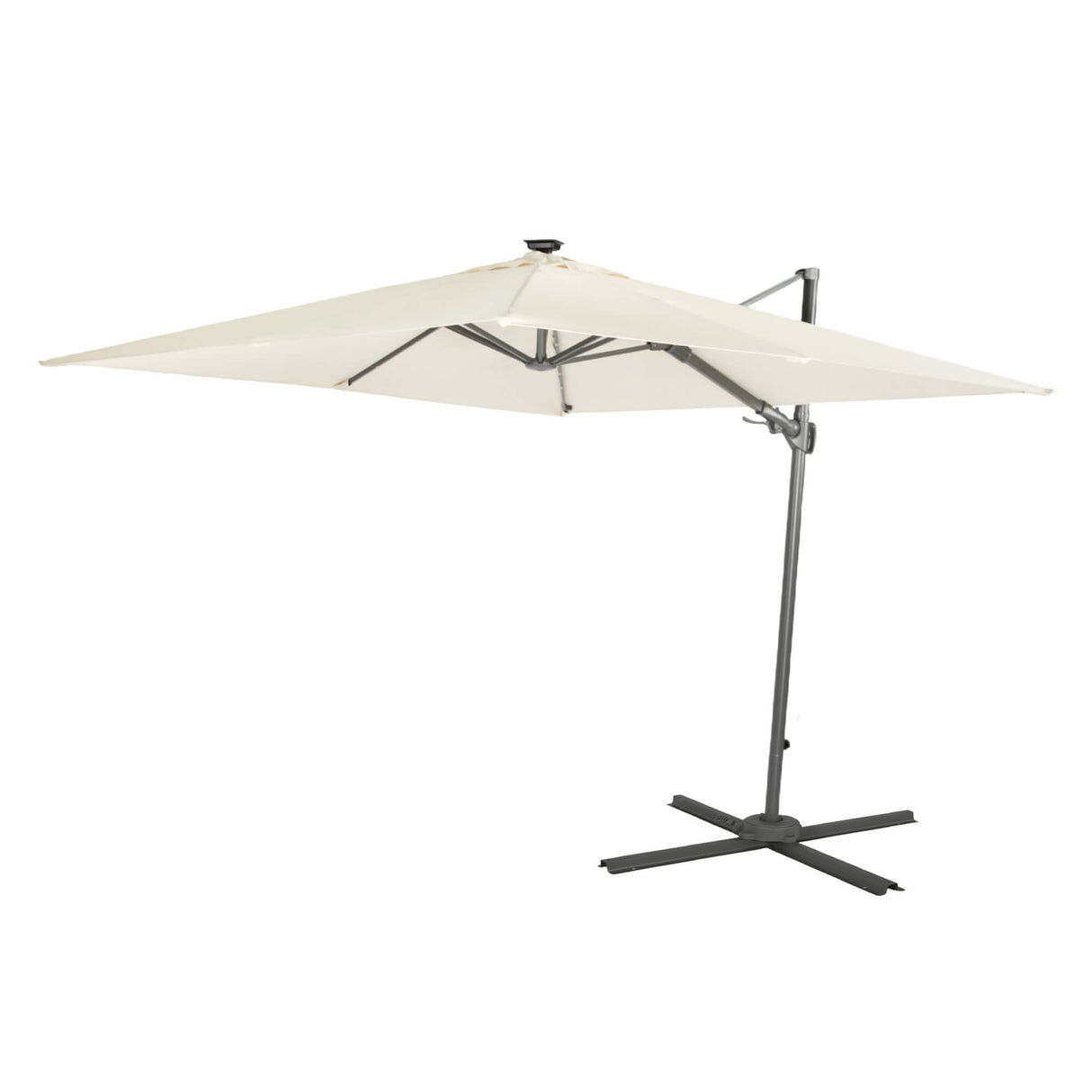White patio umbrella with a black stand on a white background
