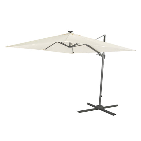 White patio umbrella with a black stand on a white background