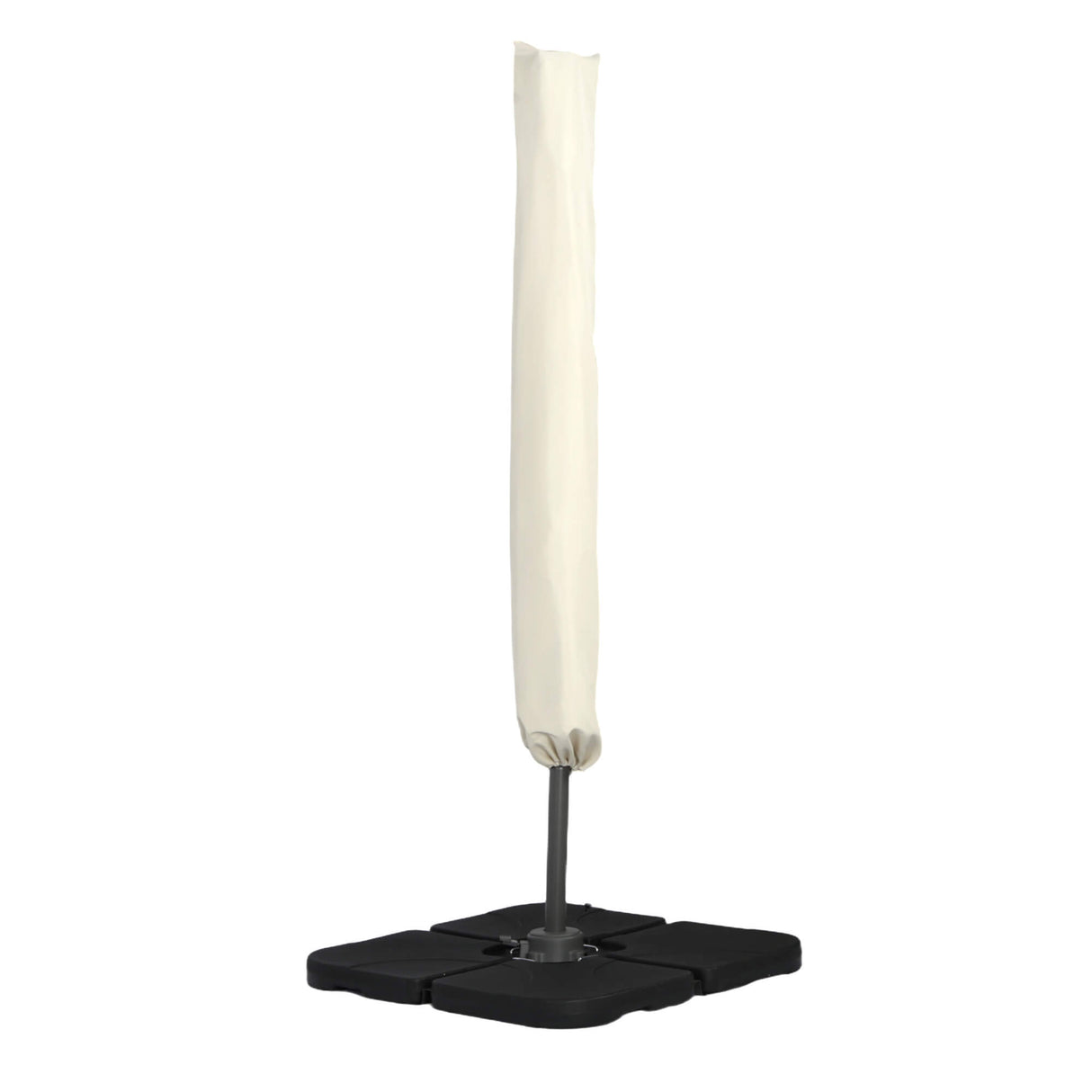 Patio umbrella stand with beige cover on a white background
