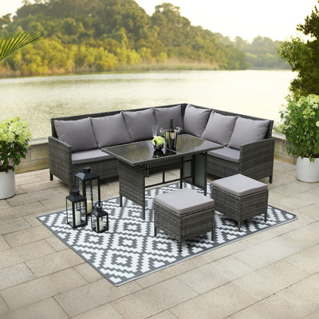Thalia Rattan 8-Seater Corner Dining Sofa with Glass Table