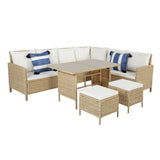 Thalia Rattan Garden Corner 8 Seater Outdoor Dining Sofa Set with Glass Table - Natural