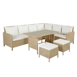 Thalia Rattan Garden Corner 8 Seater Outdoor Dining Sofa Set with Glass Table - Natural