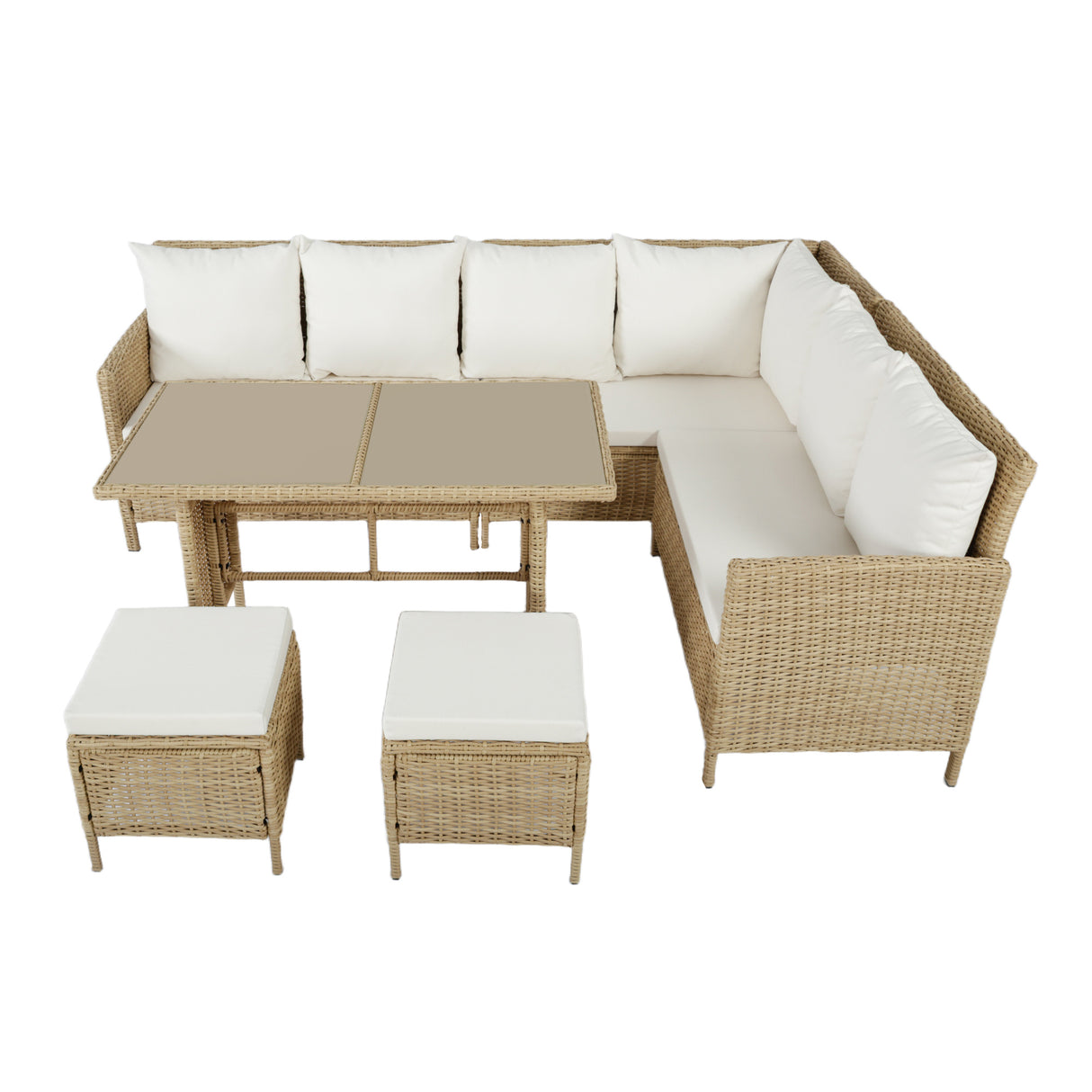 Thalia Rattan Garden Corner 8 Seater Outdoor Dining Sofa Set with Glass Table - Natural