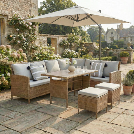 Thalia - Rattan Garden Corner 8 Seater Outdoor Sofa Dining Set with Plywood Table - Brown