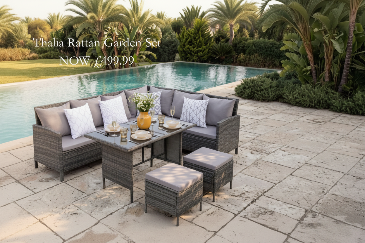 Thalia Rattan Garden Set with cushions by a poolside on a stone patio