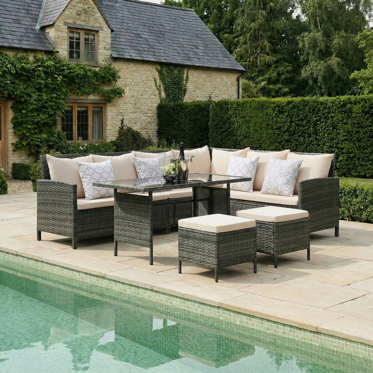 Thalia Rattan 8-Seater Corner Dining Sofa with Glass Table