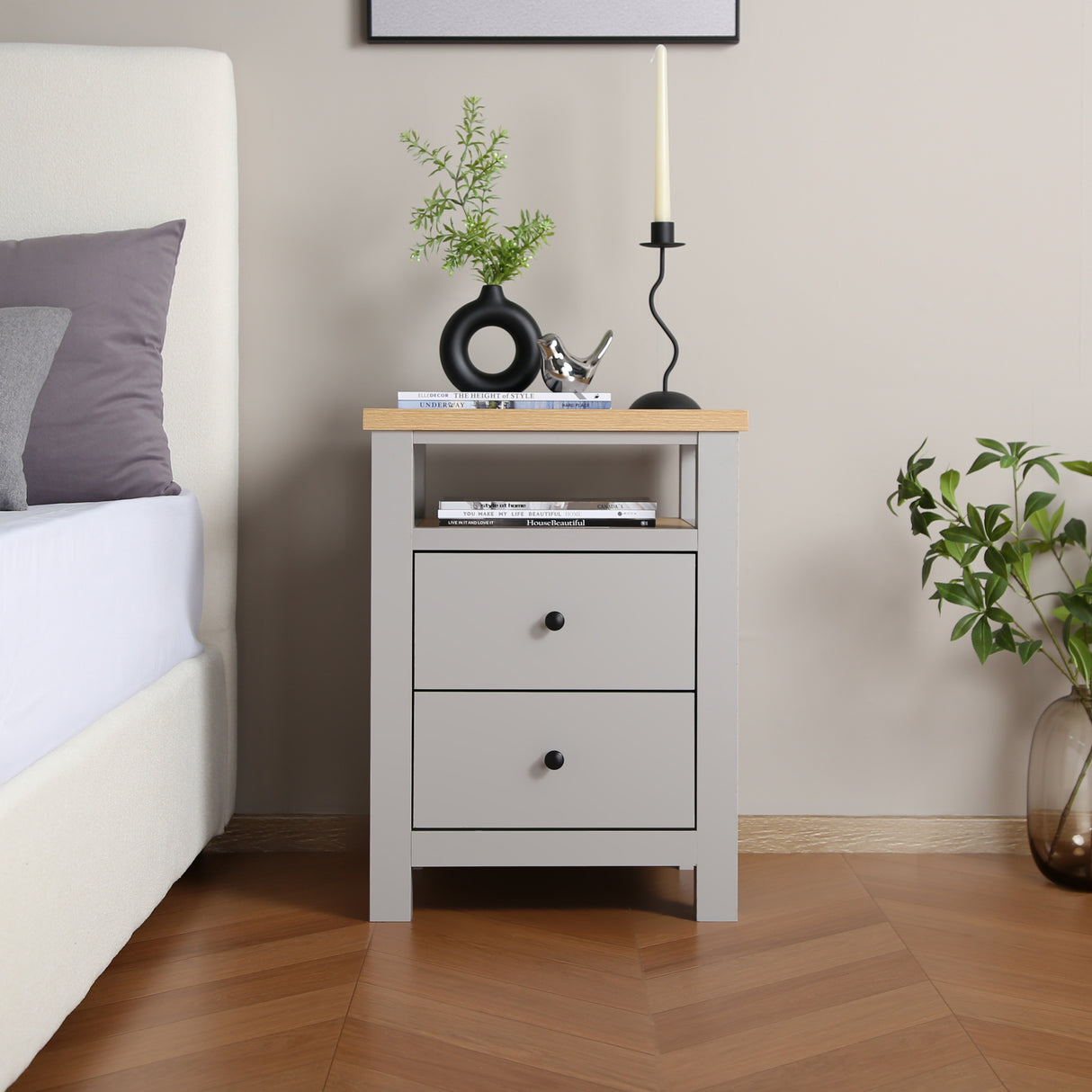 Wiltshire 2-Drawer Bedside Table - Grey with Wooden Top