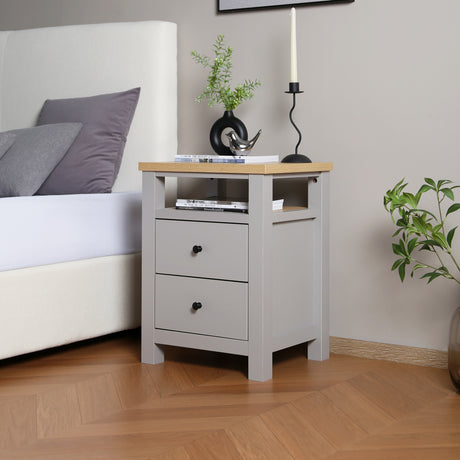 Wiltshire 2-Drawer Bedside Table - Grey with Wooden Top