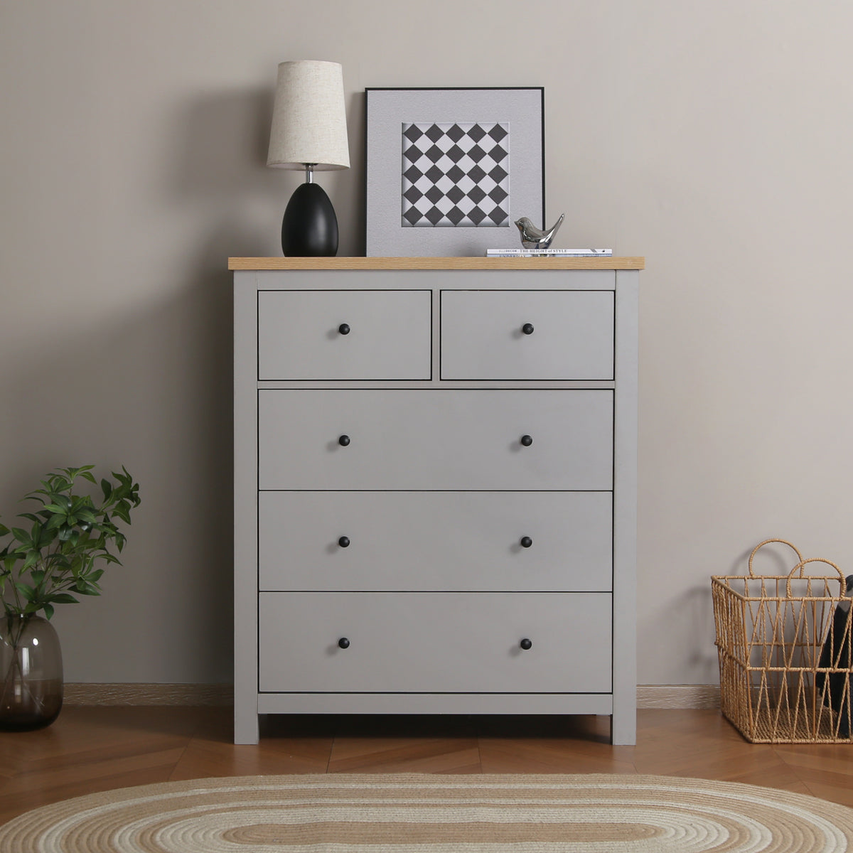 Wiltshire Chest of 5 Drawers - Grey with Wooden Top – Home Garden Direct