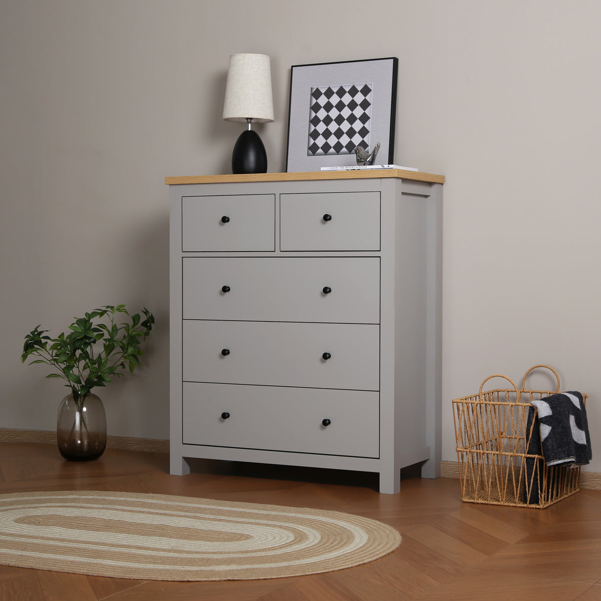 Wiltshire Chest of 5 Drawers - Grey with Wooden Top