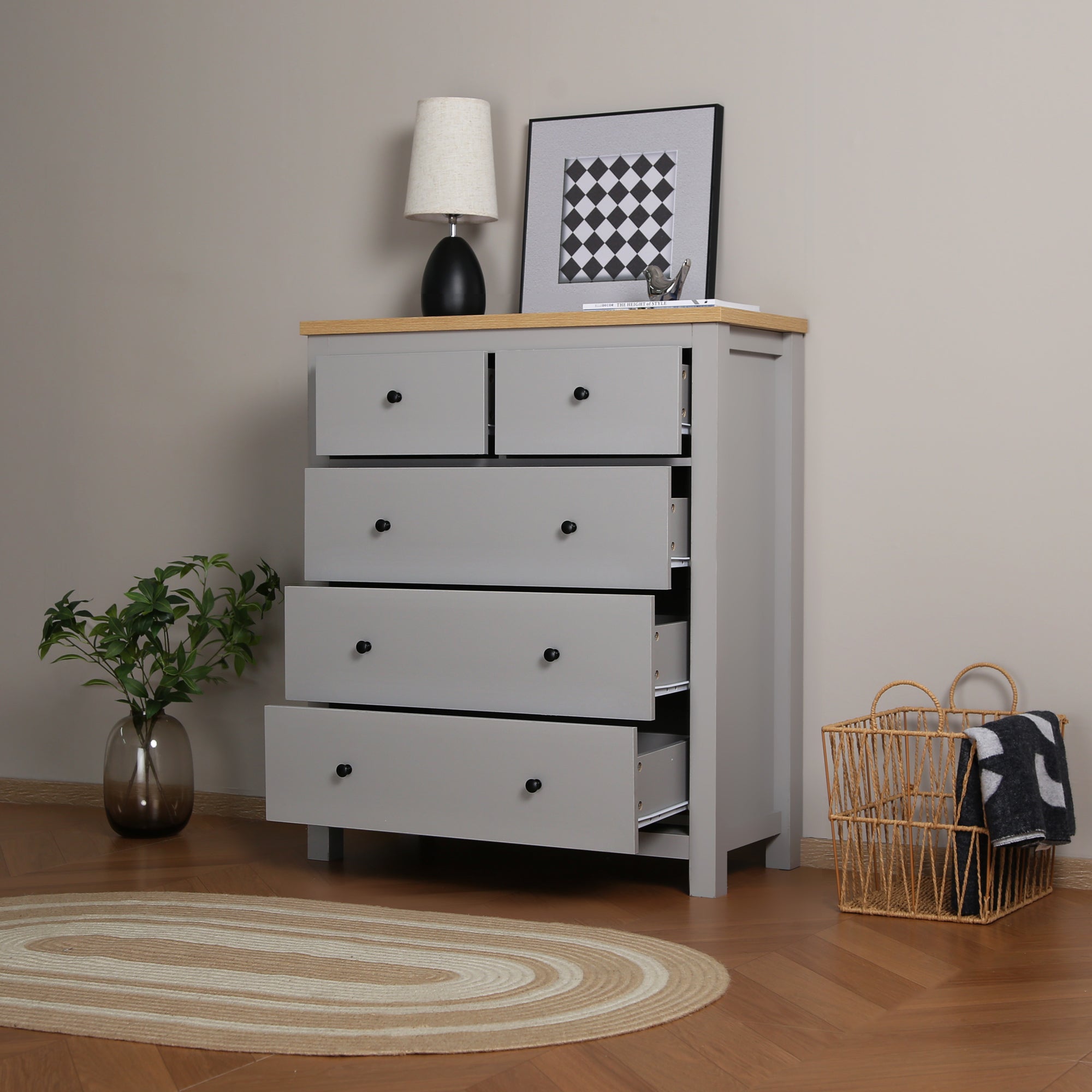 Wiltshire Chest of 5 Drawers Grey with Wooden Top Home Garden Direct