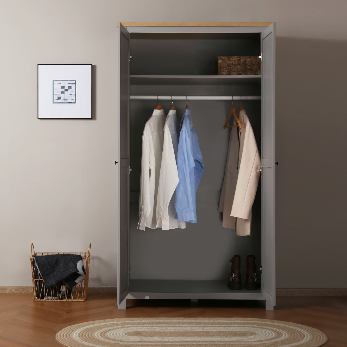 Wiltshire - Double Wardrobe - Grey with Wood-effect Top