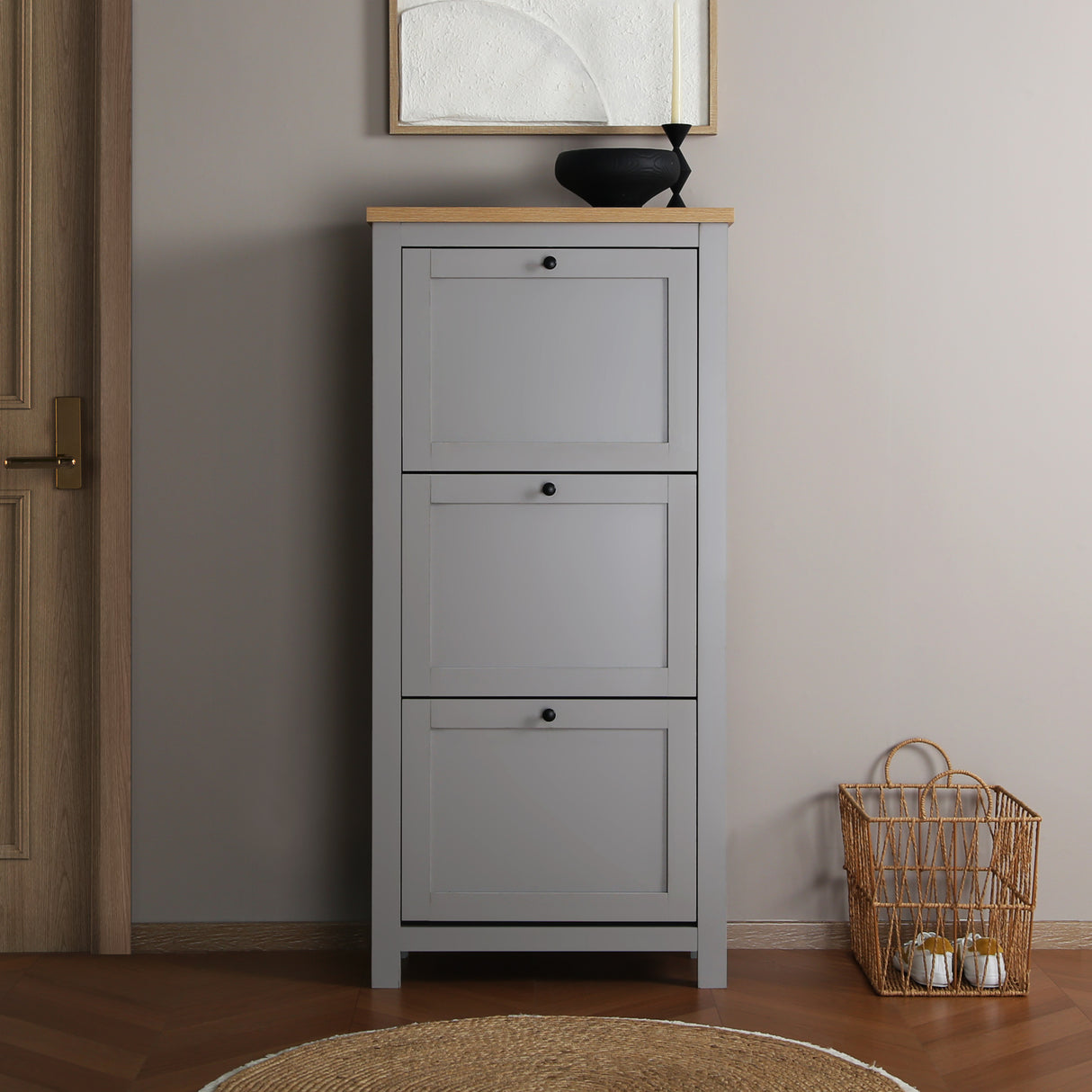 Wiltshire - Shoe Cabinet Storage - Grey with Wood-effect Top