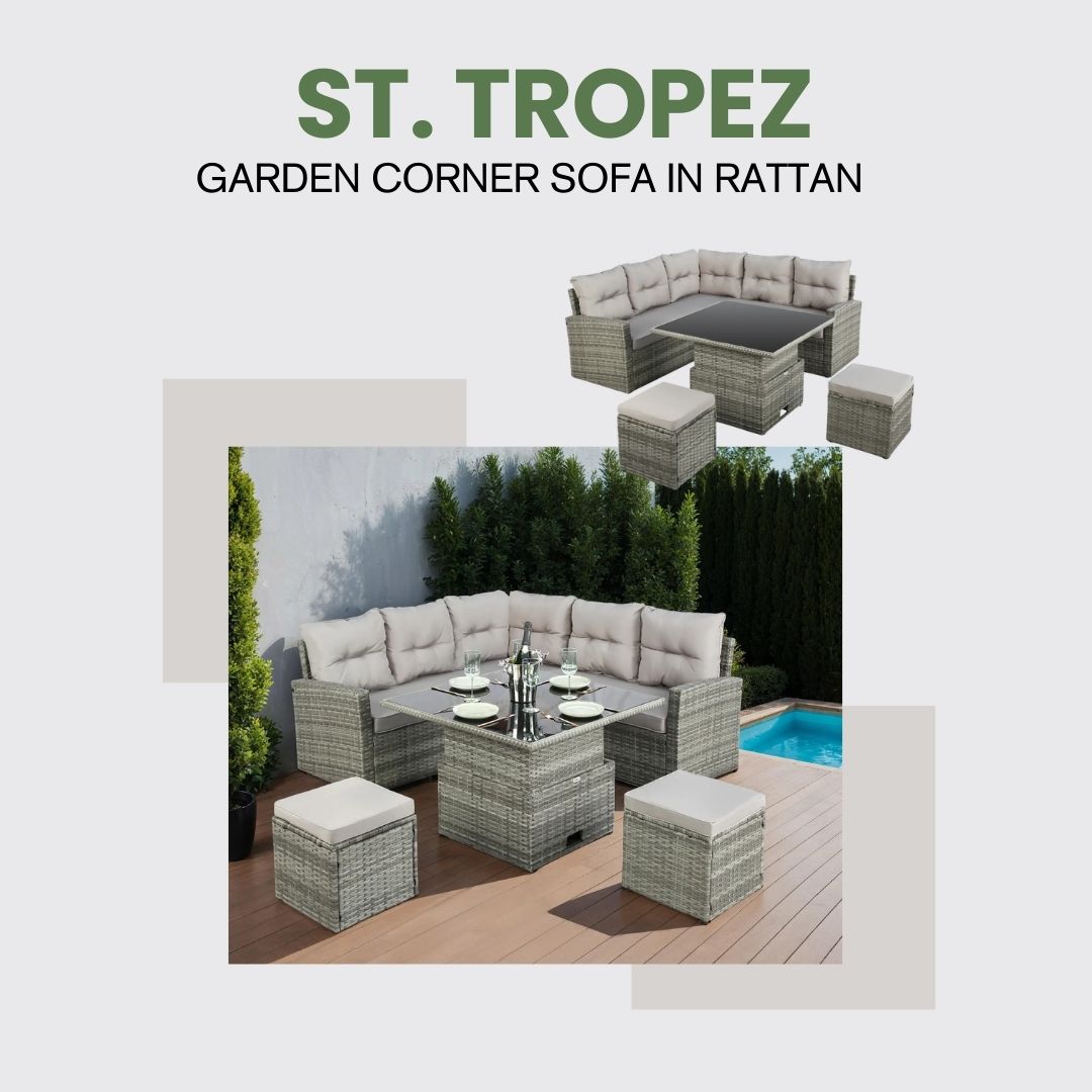 St. Tropez - Garden Corner Sofa with Rising Table - Grey Rattan - 6 Seats