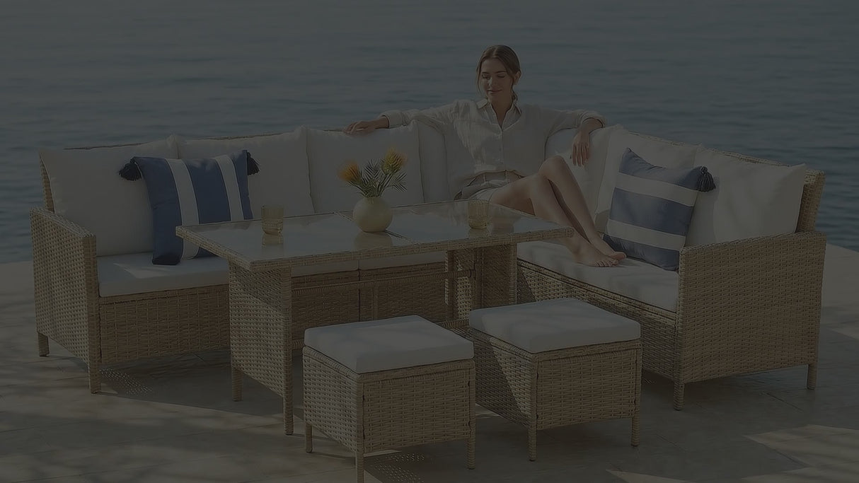Thalia Rattan Garden Corner 8 Seater Outdoor Dining Sofa Set with Glass Table - Natural