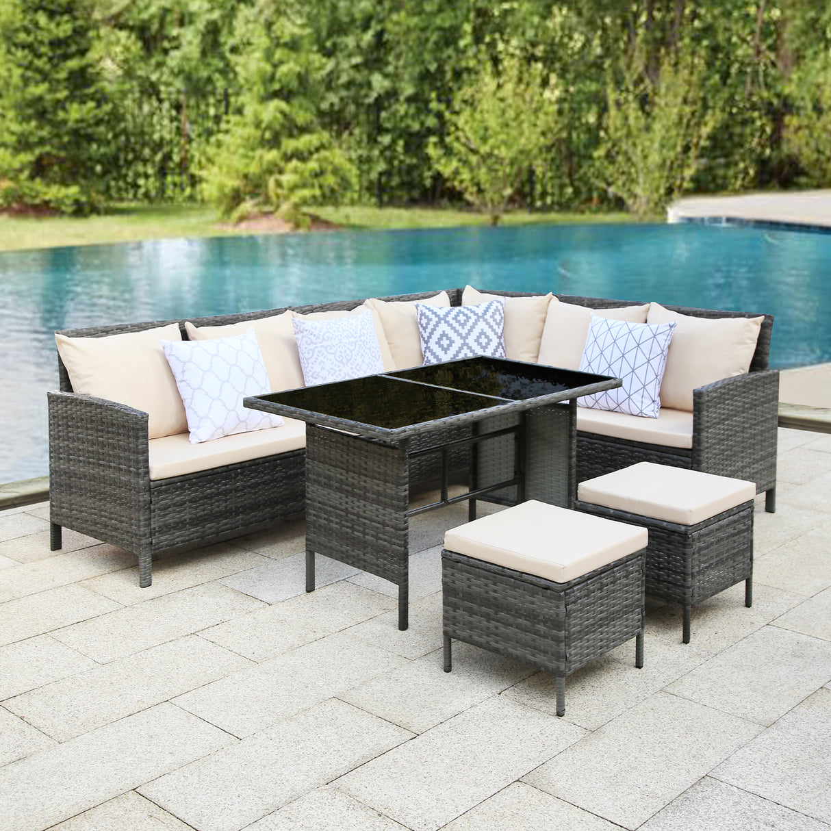 Thalia - Garden Corner Sofa Set with Cushions - 9 Seater Rattan Dining Set