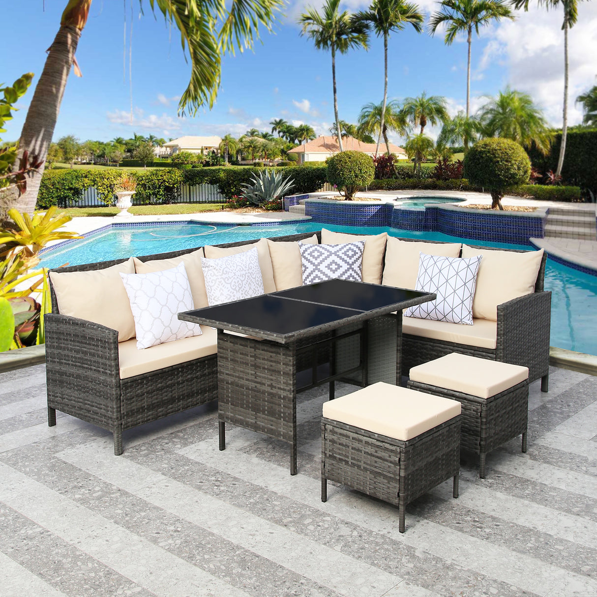 Thalia - Garden Corner Sofa Set with Cushions - 9 Seater Rattan Dining Set