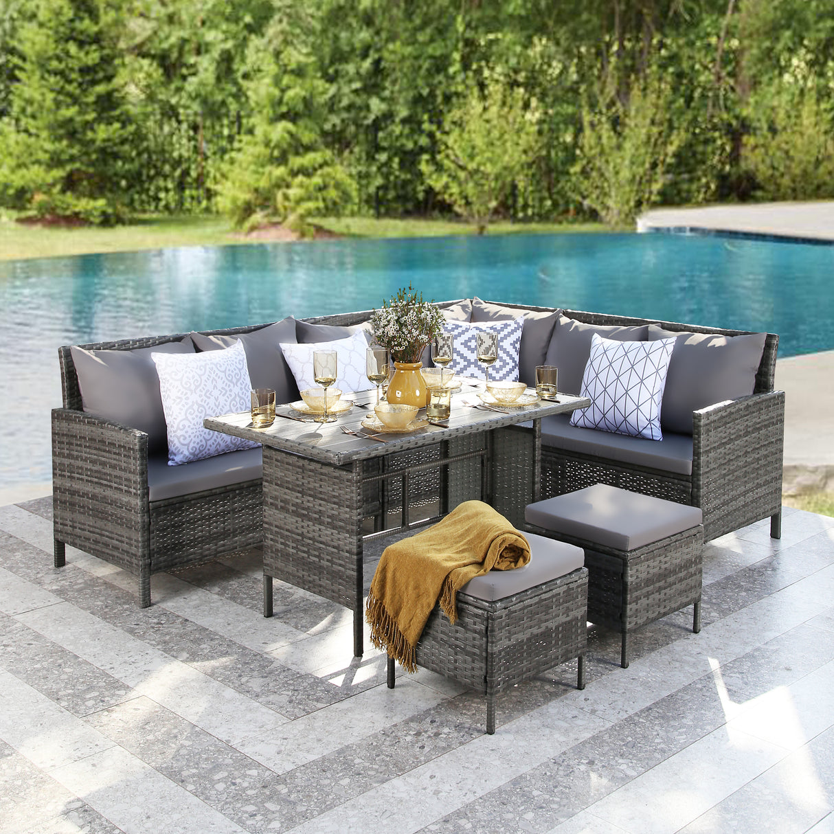 Thalia - Outdoor Corner Sofa Set with Cushions - 9 Seater Rattan Dining Set