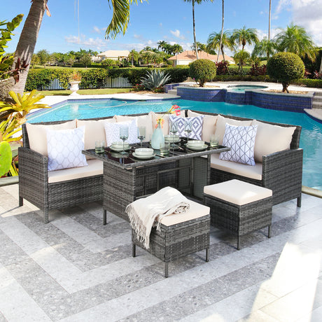 Thalia - Garden Corner Sofa Set with Cushions - 9 Seater Rattan Dining Set. Grey with beige cushions