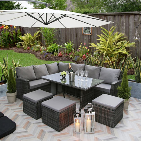 Pelias - Rattan Corner Sofa & Dining Set - 9 Seater. Grey with grey cushions