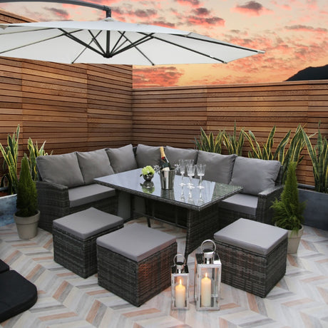 Pelias - Rattan Corner Sofa & Dining Set - 9 Seater. Grey with grey cushions