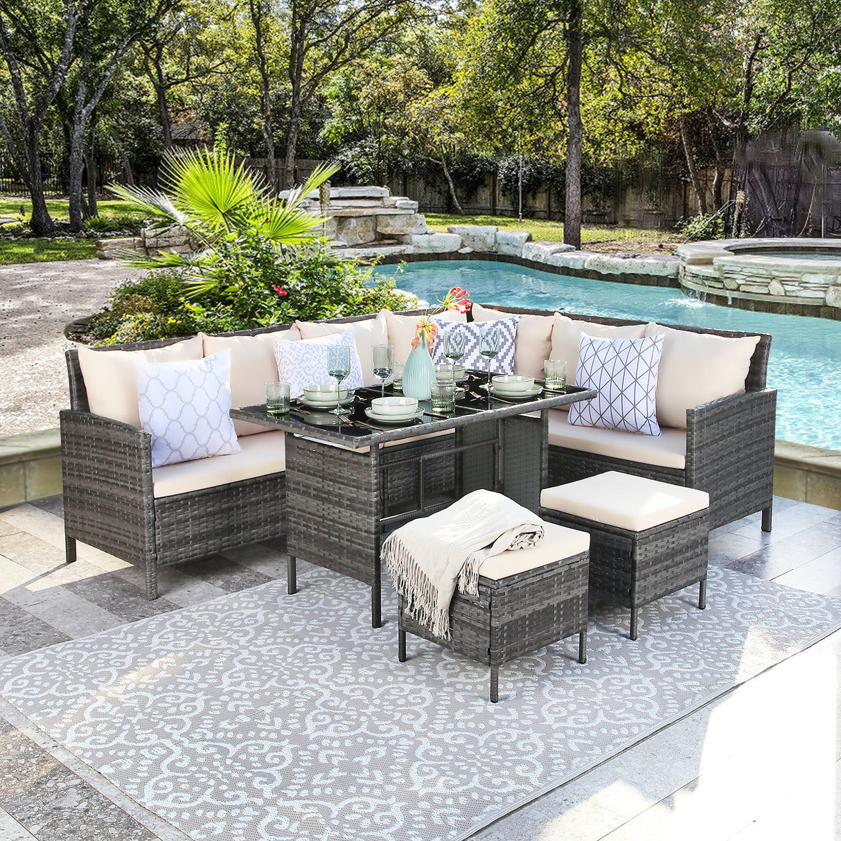 Thalia - Garden Corner Sofa Set with Cushions and Rug - 9 Seater Rattan Dining Set