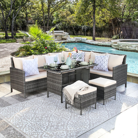 Thalia - Garden Corner Sofa Set with Cushions and Rug - 9 Seater Rattan Dining Set