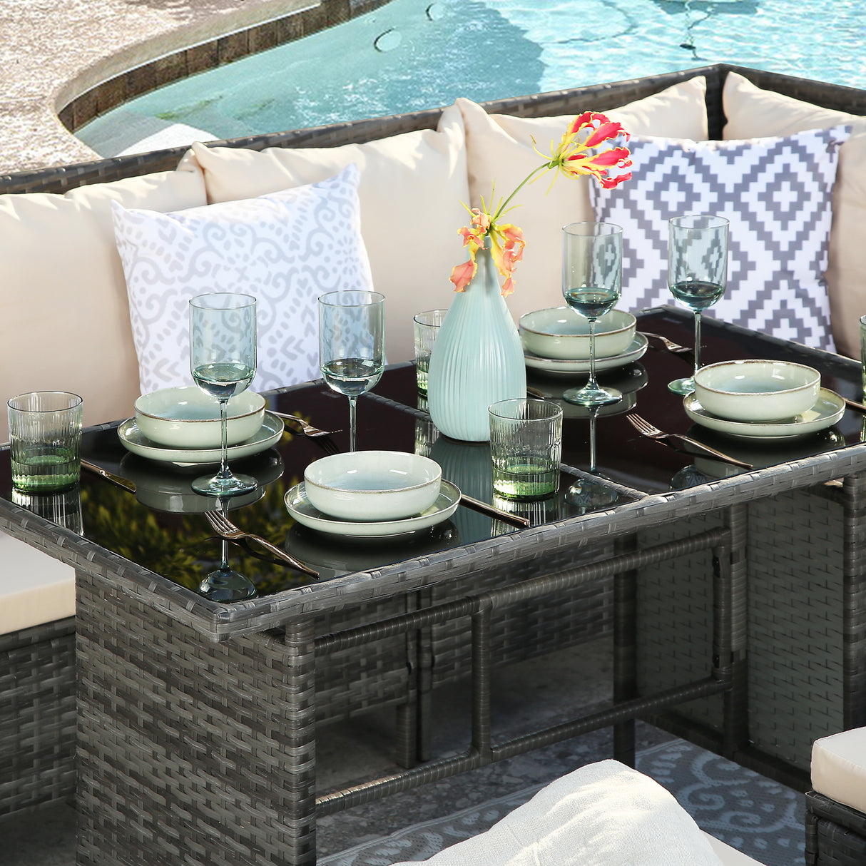 Thalia - Garden Corner Sofa Set with Cushions and Rug - 9 Seater Rattan Dining Set