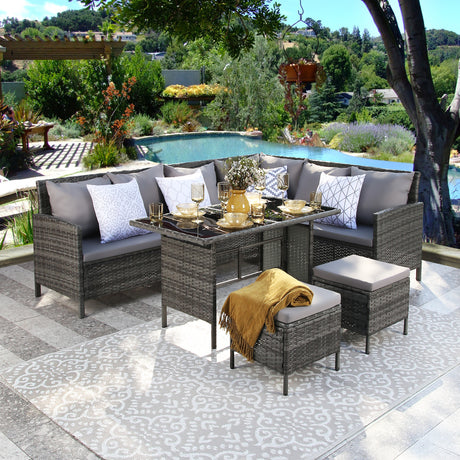 Thalia - Garden Corner Sofa Set with Cushions and Rug - 9 Seater Rattan Dining Set