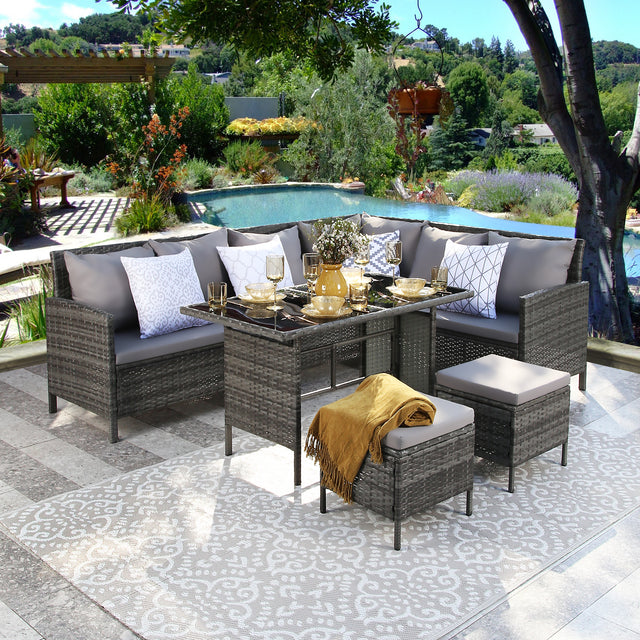 Thalia - Garden Corner Sofa Set with Cushions and Rug - 9 Seater Rattan Dining Set