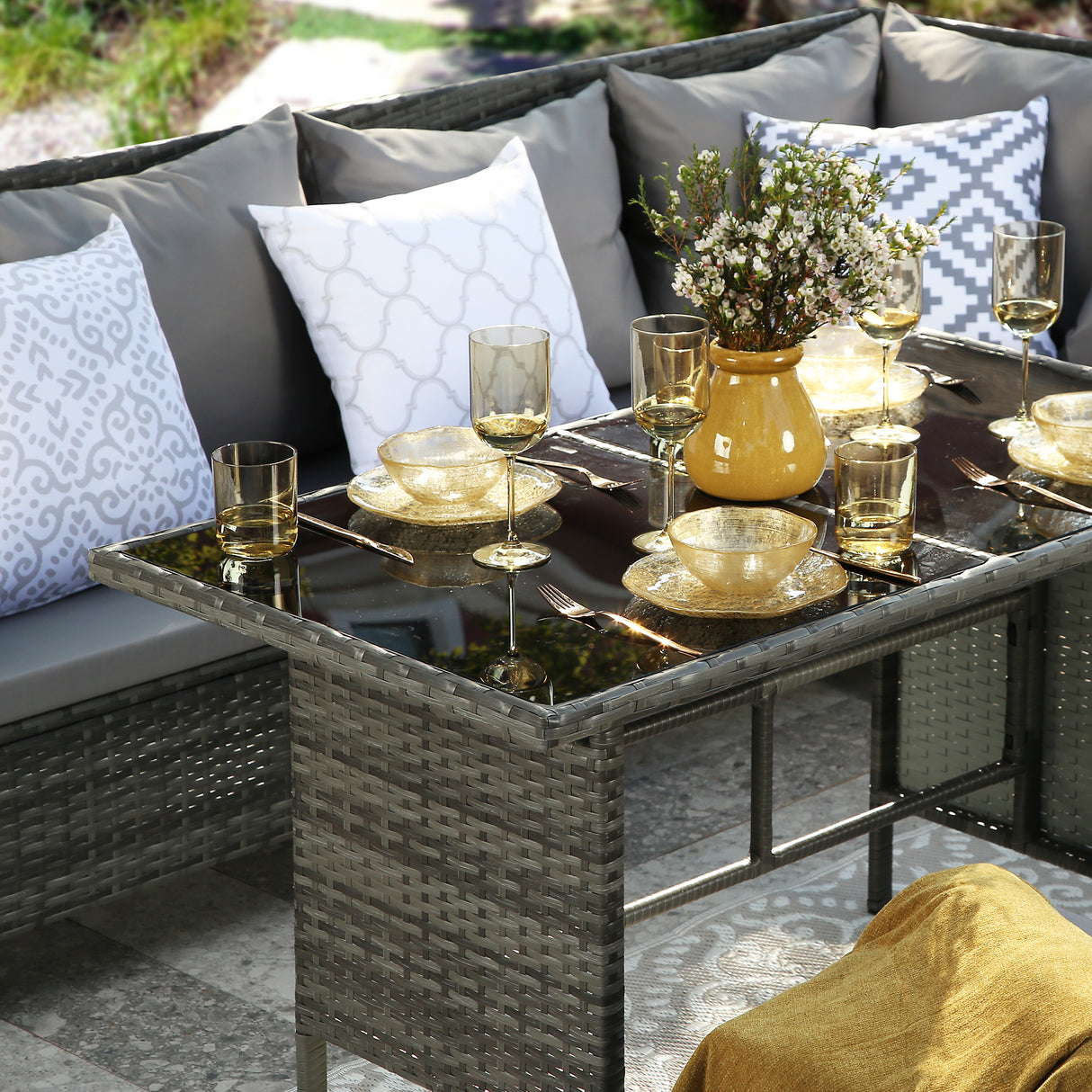 Thalia - Garden Corner Sofa Set with Cushions and Rug - 9 Seater Rattan Dining Set