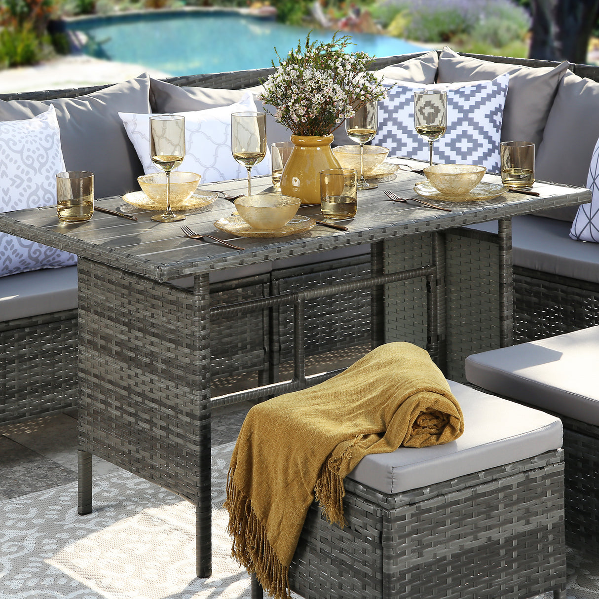 Thalia Corner Sofa Set - Polywood Top - Extra Moon Rug & Cushions